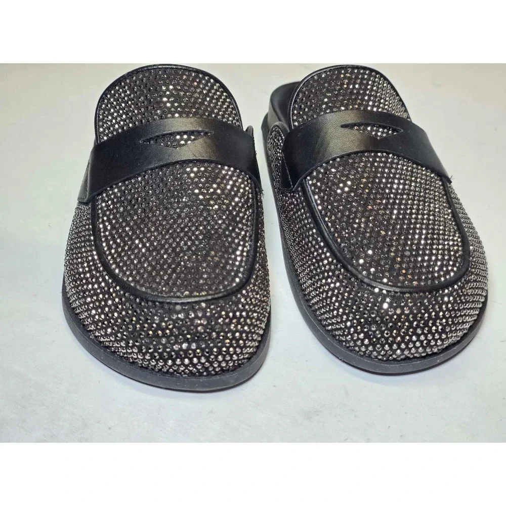 Schutz Ava Women's Shoes Size 7 B Black Leather Mule Metallic Slip‎ On Slides
